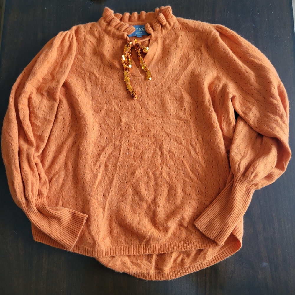 Wyse London Cashmere Orange Sweater with Ruffled Neckline